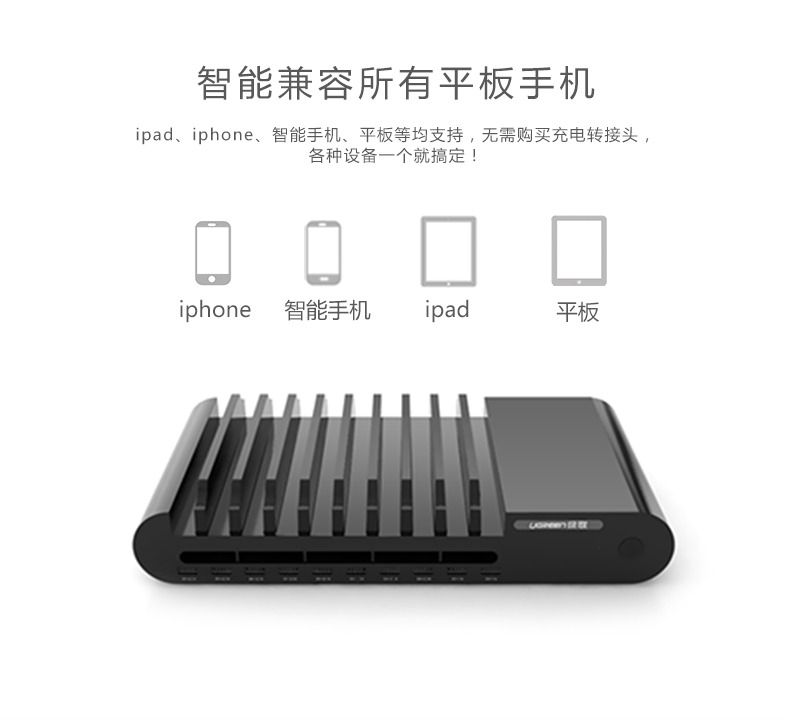 绿联10口USB充电器兼容平板和手机