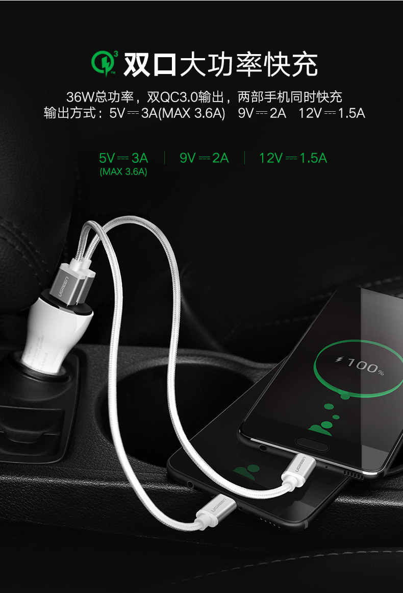 绿联QC3.0车载充电器,一拖二双口通用车充