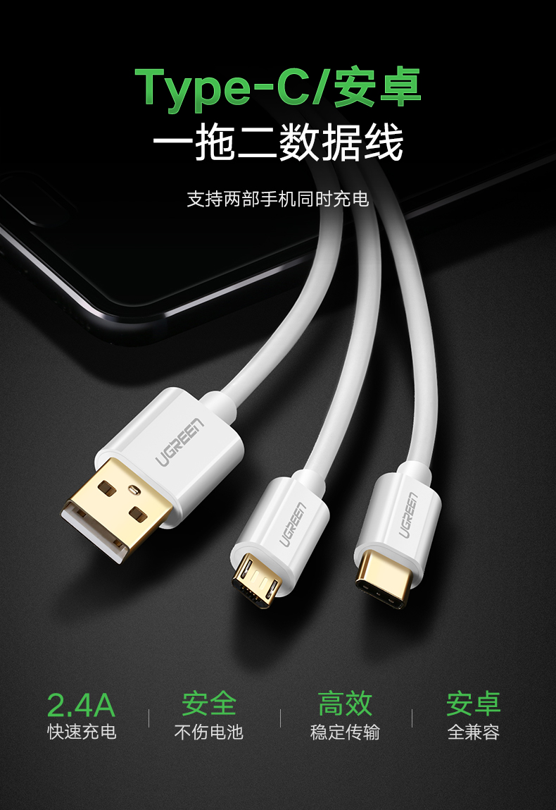 绿联安卓Type-C数据线，一拖二同时充两部手机