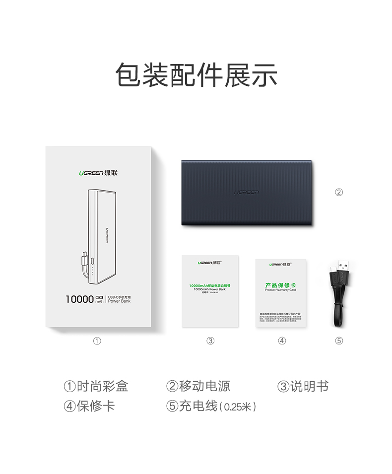 绿联快充移动电源，双向Type-c快充自带线