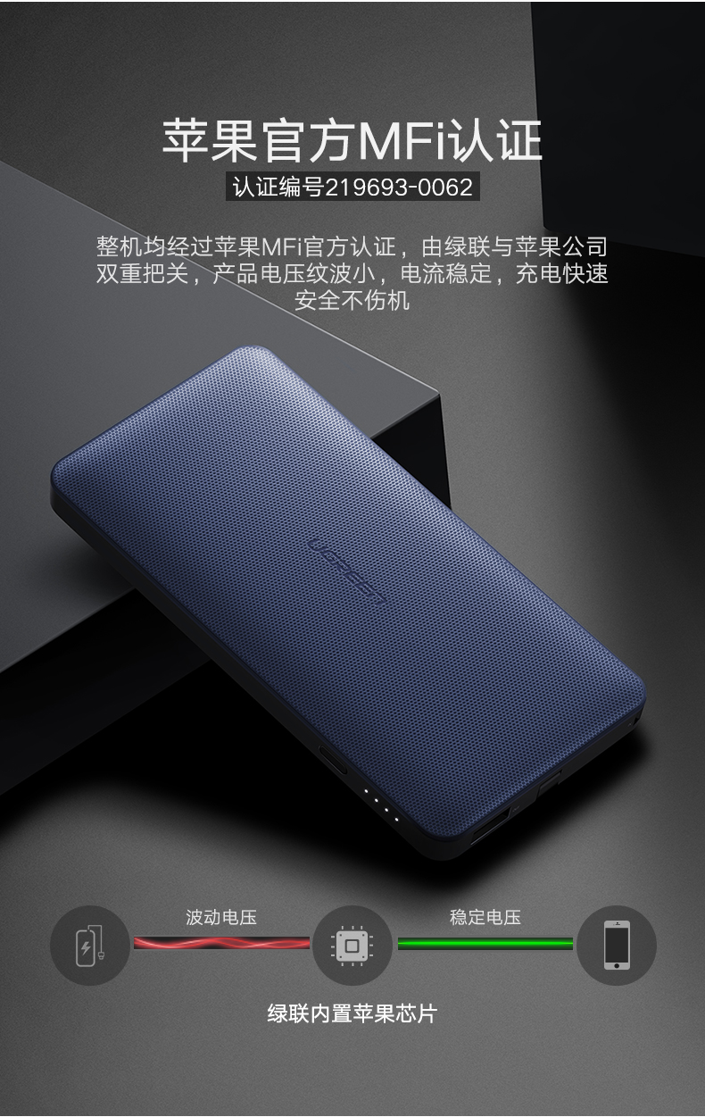 绿联苹果移动电源，10000毫安带USB线和苹果数据线