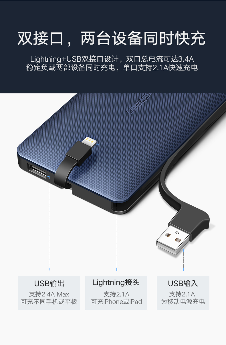 绿联苹果移动电源，10000毫安带USB线和苹果数据线