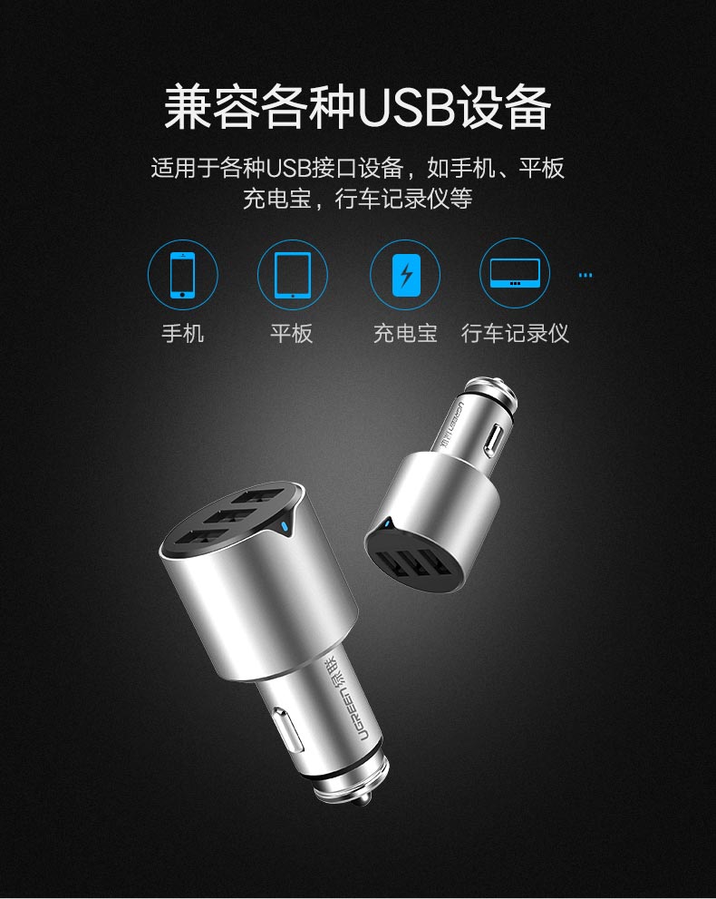 绿联一拖三车载充电器，5.8A三口USB车载快充充电器