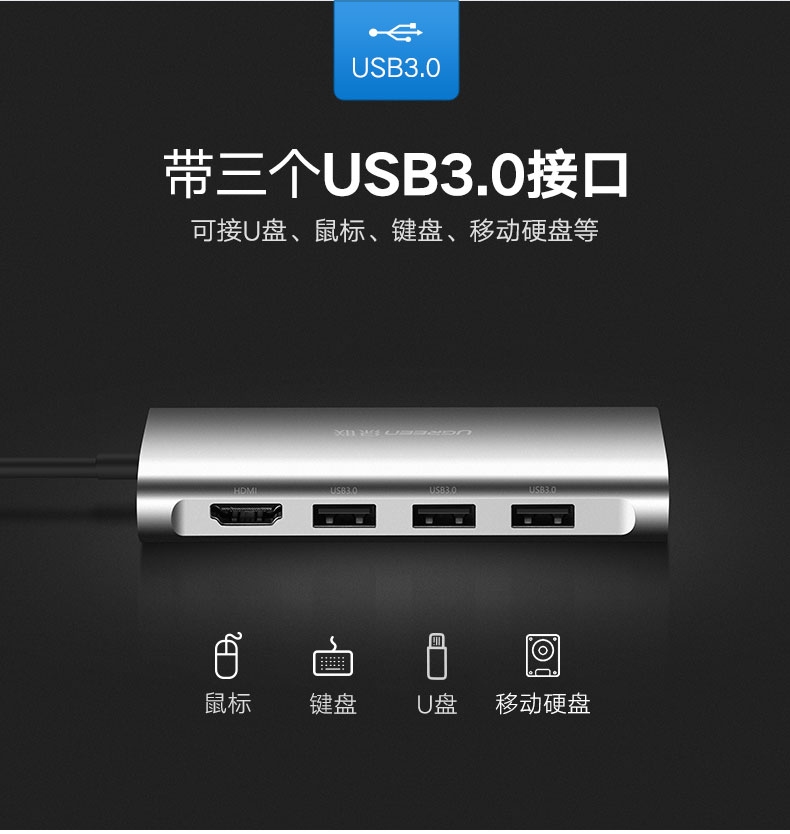 绿联Type-C转换器，Type-C笔记本MacBook5合1扩展坞