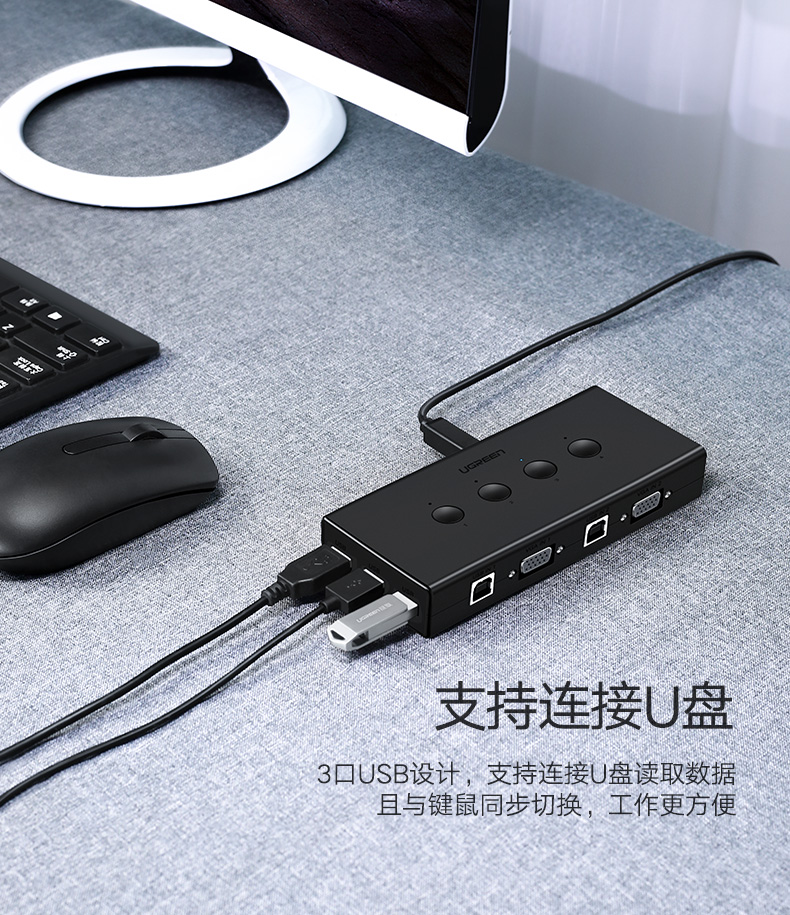 绿联VGA切换器，VGA KVM分配四进一出显示屏键鼠共享器