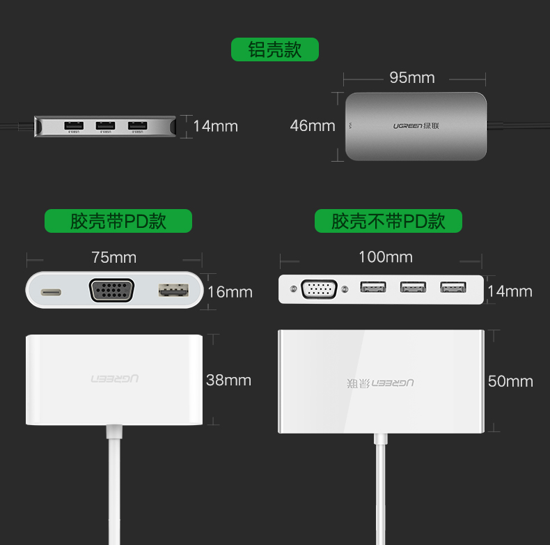 绿联Type-C转VGA转换器，3口USB华为Mate10苹果MacBook笔记本扩展坞