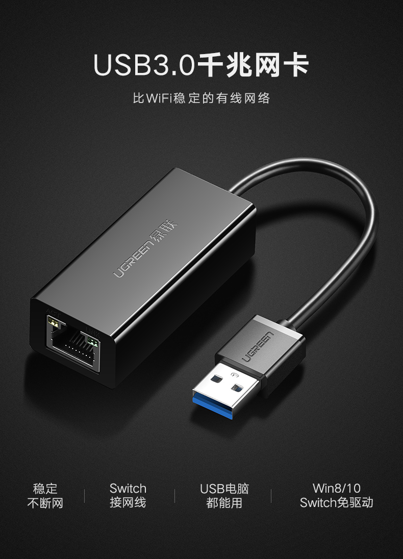 绿联USB千兆网卡，笔记本超极本USB转水晶头千兆网卡