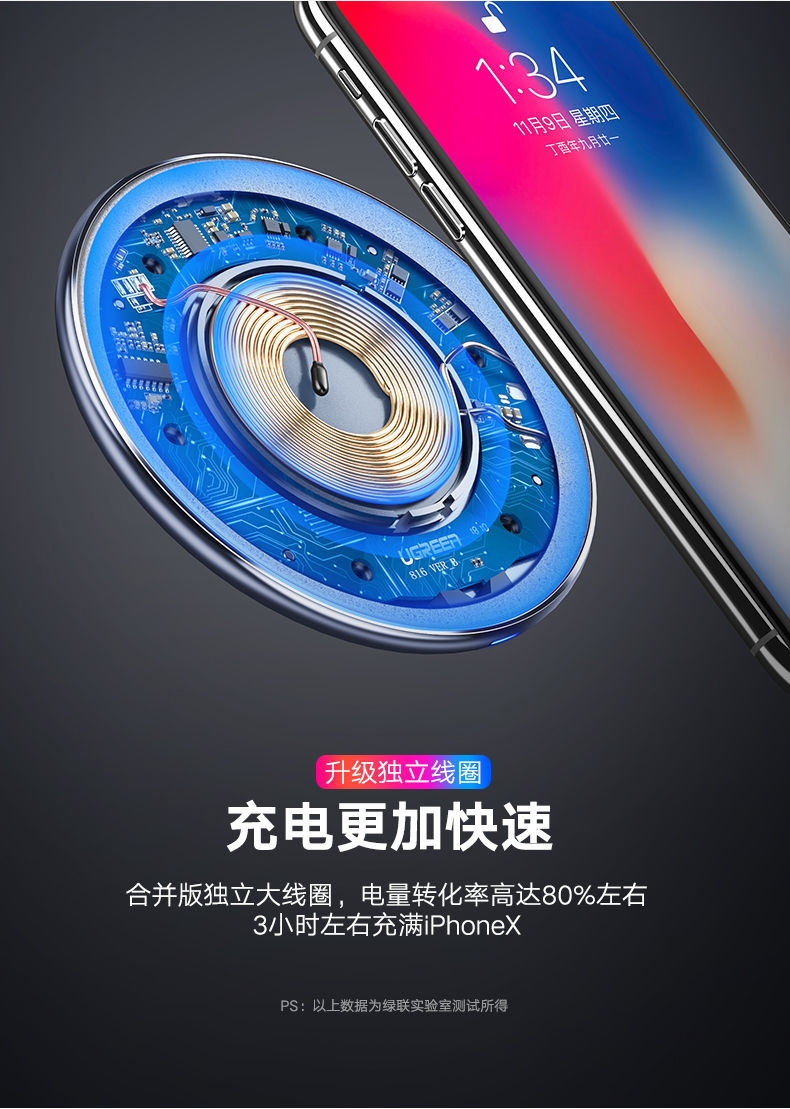 绿联iPhone8无线充电器，苹果X三星s9小米mix2s通用
