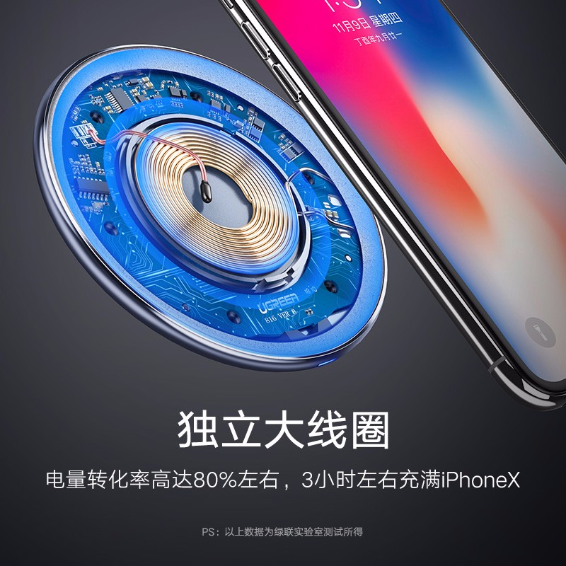 绿联iPhone8无线充电器，支持苹果X三星s9小米mix2s