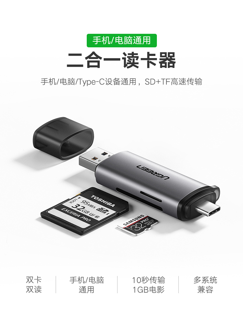 绿联手机电脑两用读卡器，相机SD卡手机TF卡同时读取