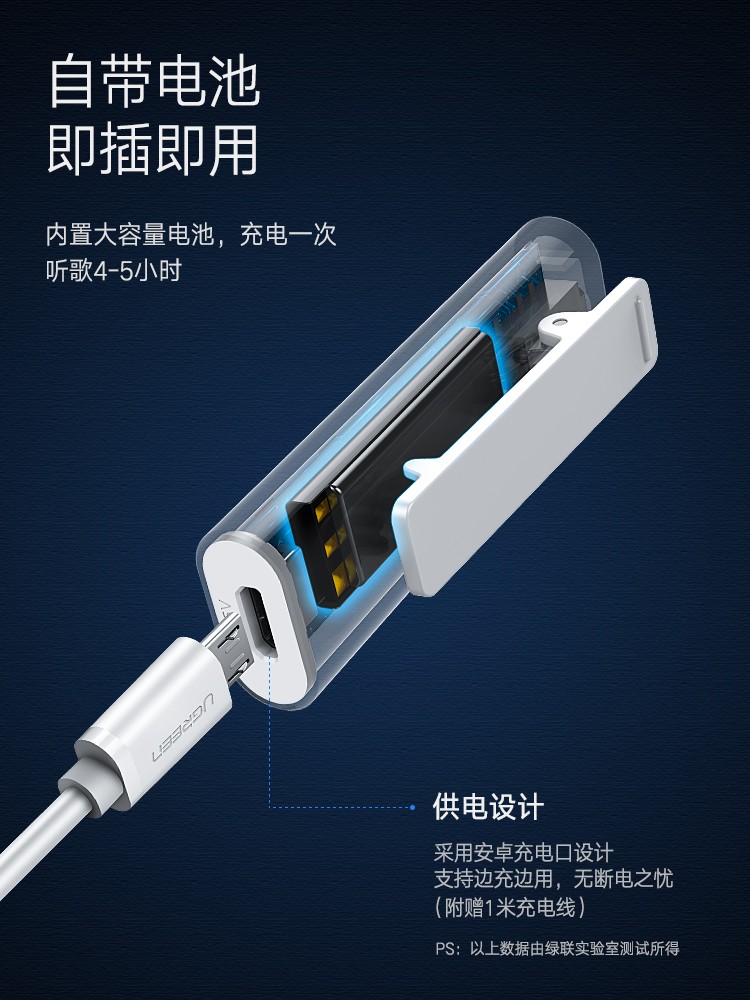 绿联蓝牙5.0音频接收器，aptX无损音质有线耳机变无线