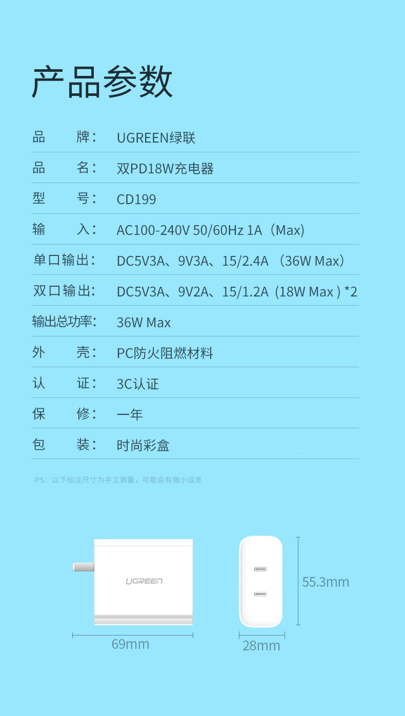 绿联双Type-C快充充电器