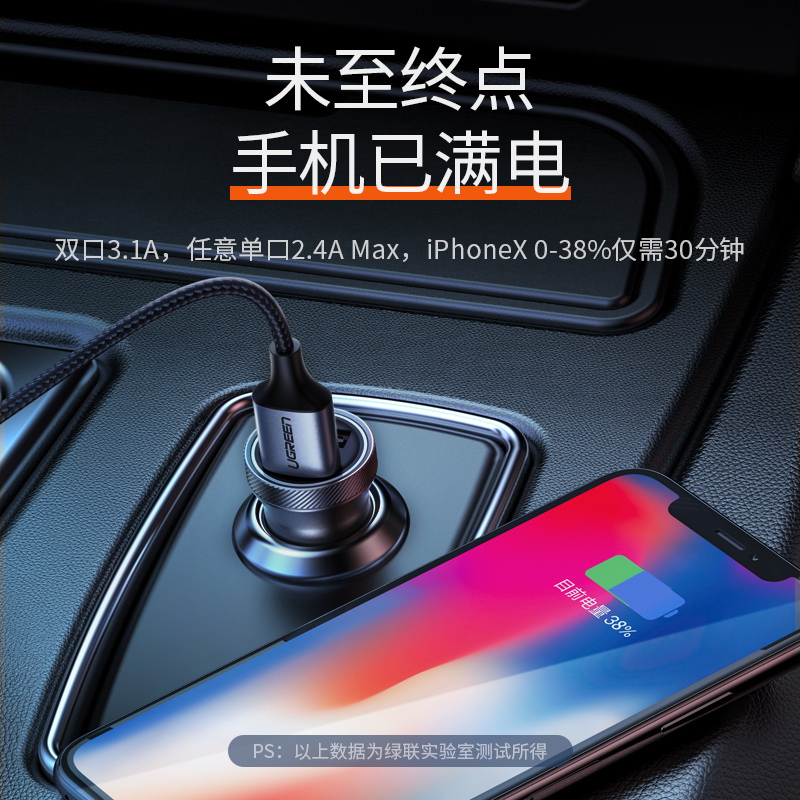 绿联车载充电器USB快充一拖二