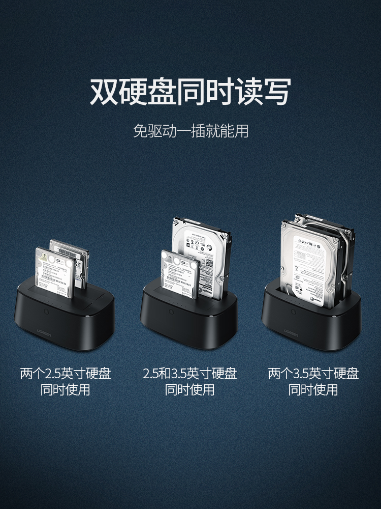 绿联双盘位移动硬盘盒3.5/2.5英寸通用