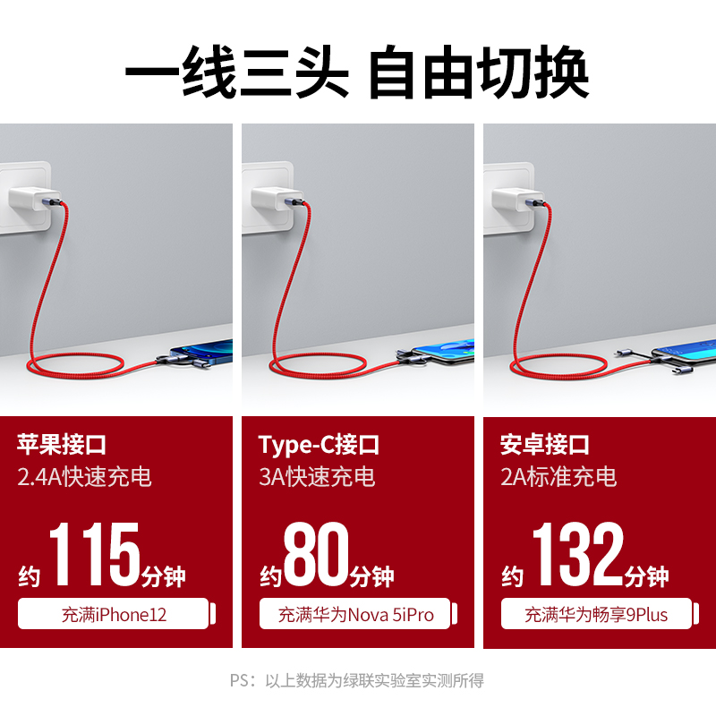 绿联苹果安卓通用数据线三合一