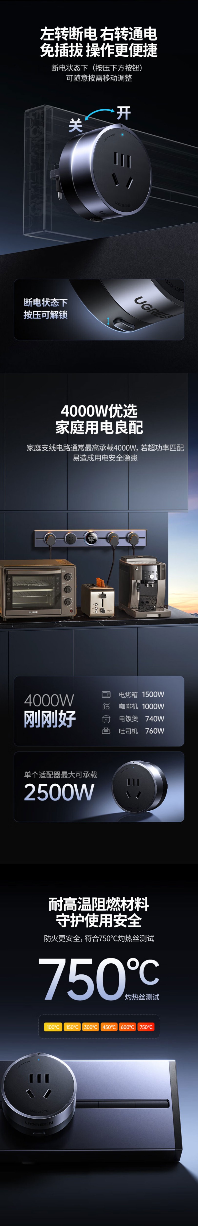 UGREEN-绿联-S910-明装轨道插座套装-铝合金+PC(轨道)PC(插座适配器)