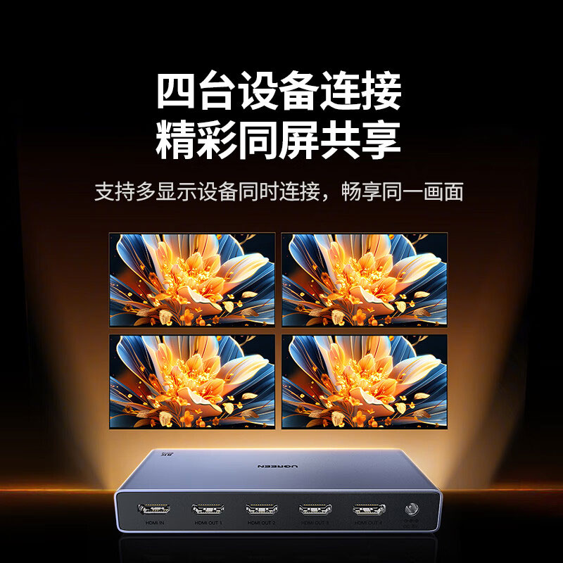 绿联HDMI2.1分配器 8K60Hz/4K240Hz 一进四出 高清分屏器