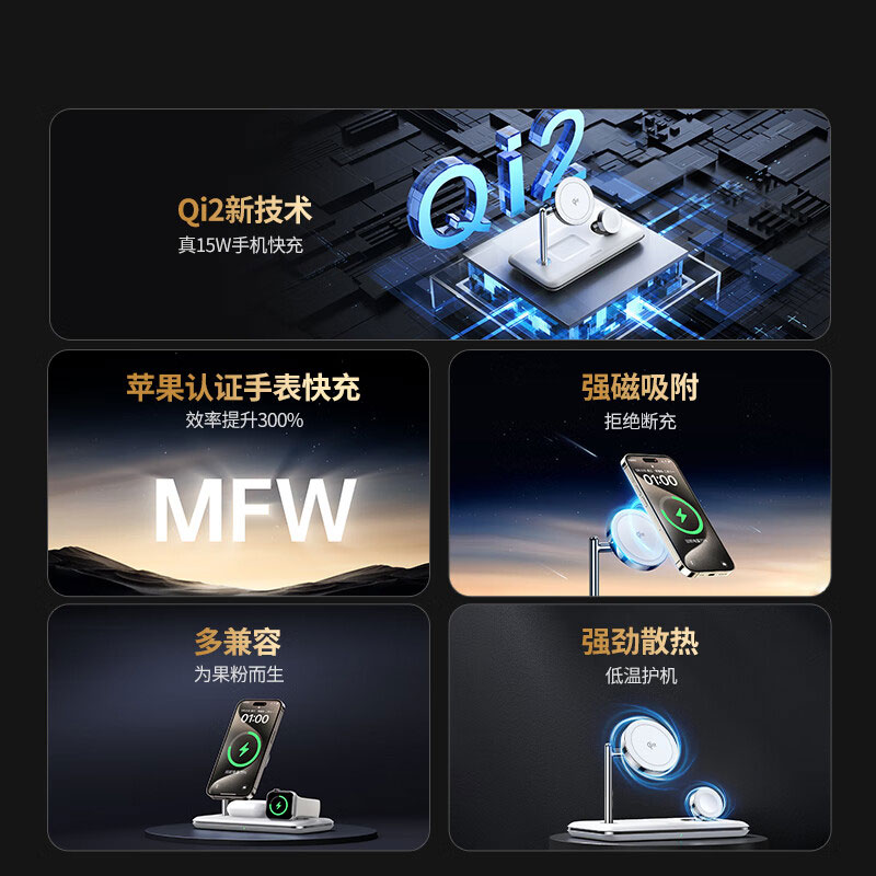 绿联三合一无线充电器 磁吸快充支架15W