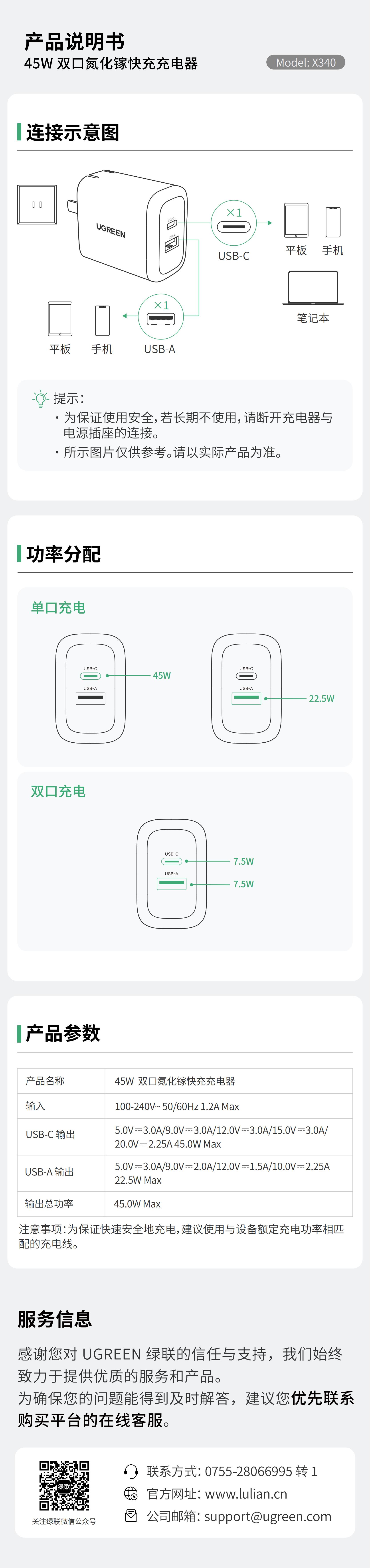 绿联X340 45W氮化镓充电器采用双口独立快充设计