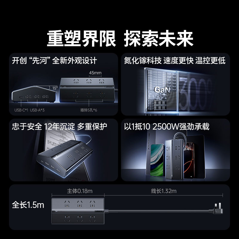 绿联T6氮化镓20W快充梯形排插 桌面充电站
