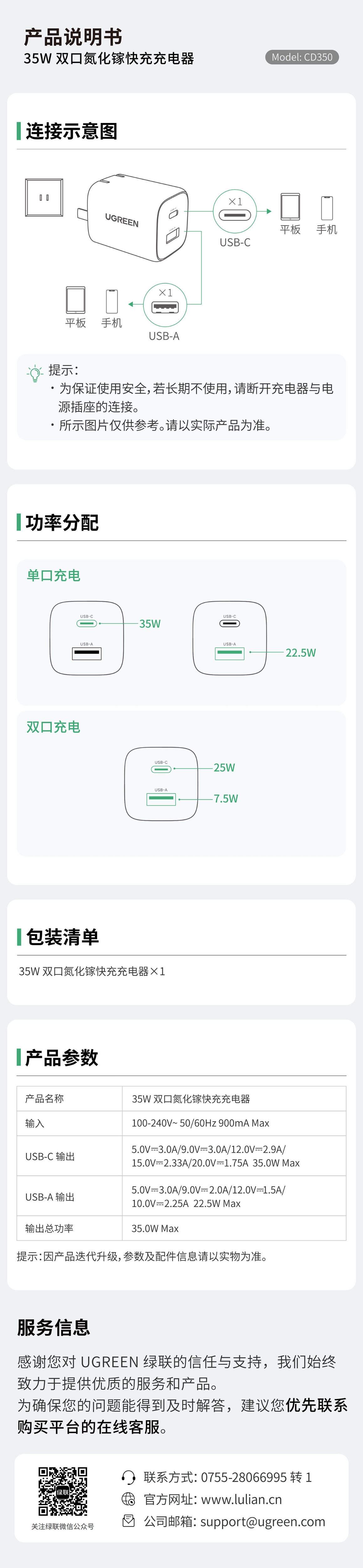 绿联 35W 双口氮化镓快充充电器CD350