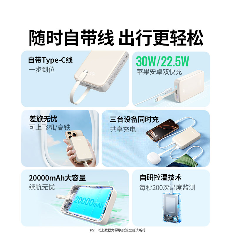 绿联自带线充电宝 20000mAh电池30W快充