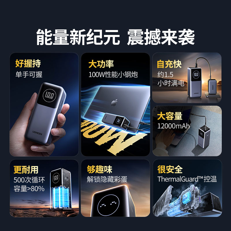 绿联 能量湃Pro 100W快充移动电源 12000mAh