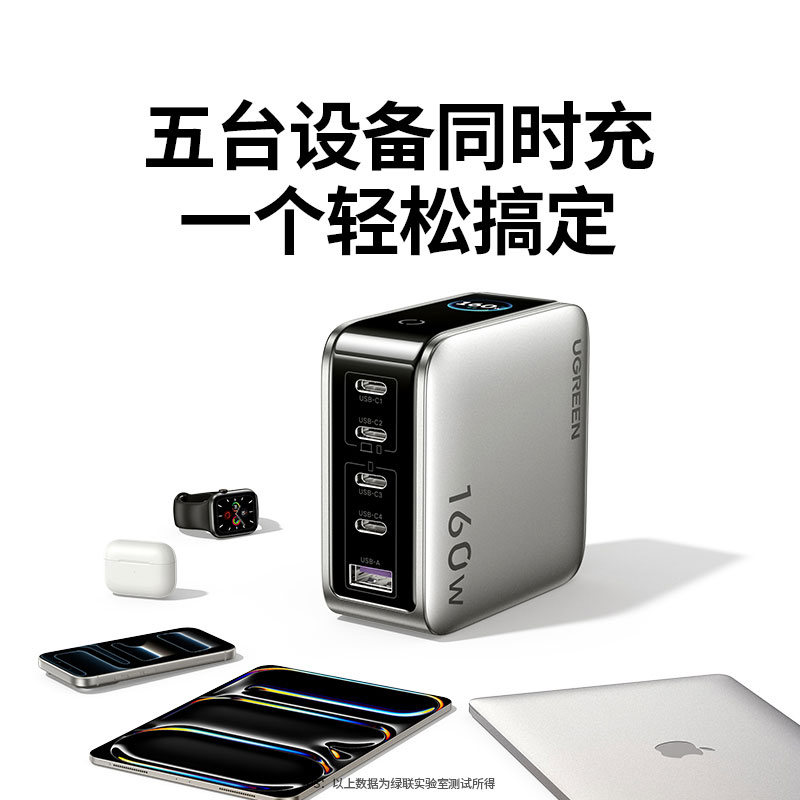绿联160W快充 屏显氮化镓五口充电器