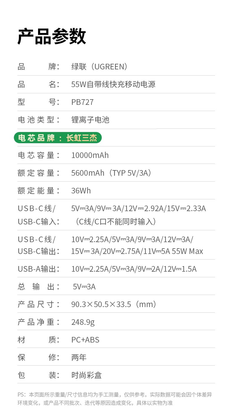 绿联PB727能量湃Pro充电宝 55W快充自带线 全能移动电源 绿联PB727能量湃Pro充电宝 55W快充自带线 全能移动电源