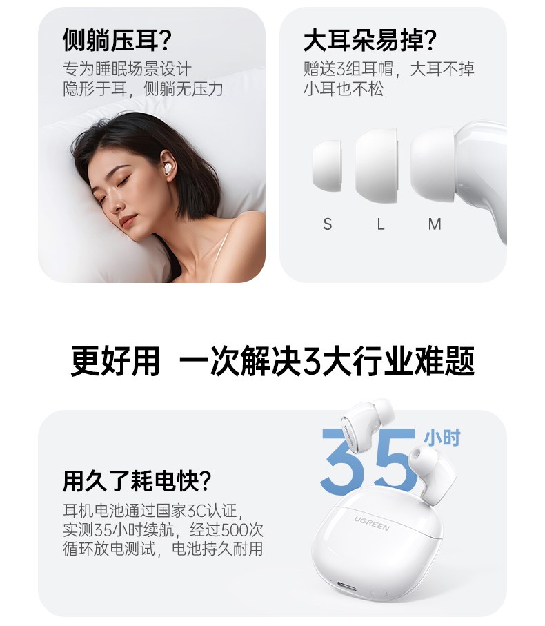 绿联睡眠耳机 侧睡舒适 翻身不易脱落 绿联睡眠耳机 侧睡舒适 翻身不易脱落