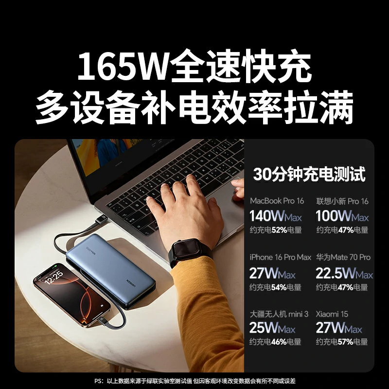 绿联超能块 165W 自带线移动电源 25000mAh
