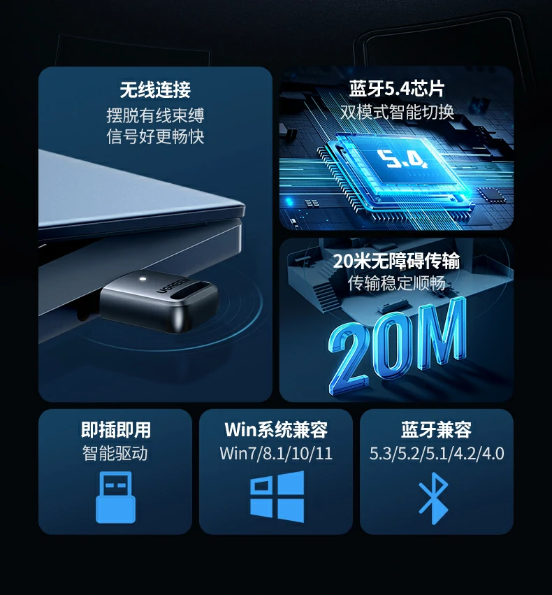 UGREEN绿联-品质新体验,数码选绿联 绿联蓝牙5.4适配器CM748正面特写,轻巧便携设计