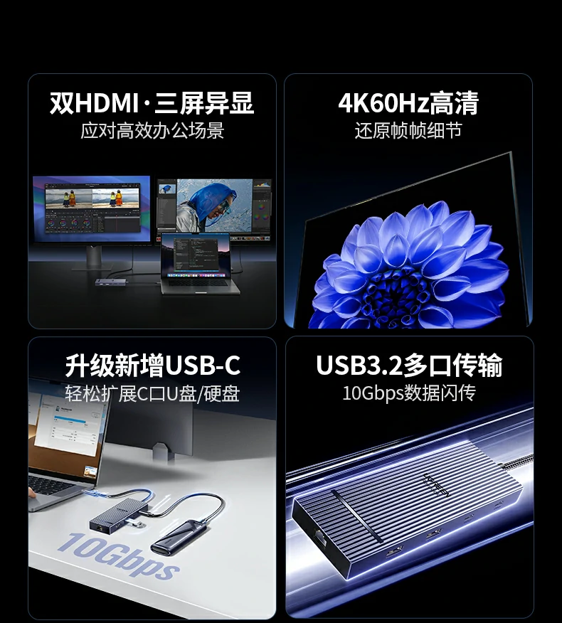 UGREEN绿联-品质新体验,数码选绿联 绿联CM886扩展坞三屏异显效果展示,满足多任务办公需求