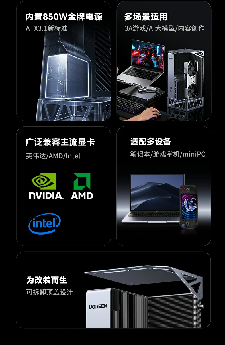 850W金牌电源显卡坞 满载承受200%瞬时冲击 稳定驱动高功耗显卡