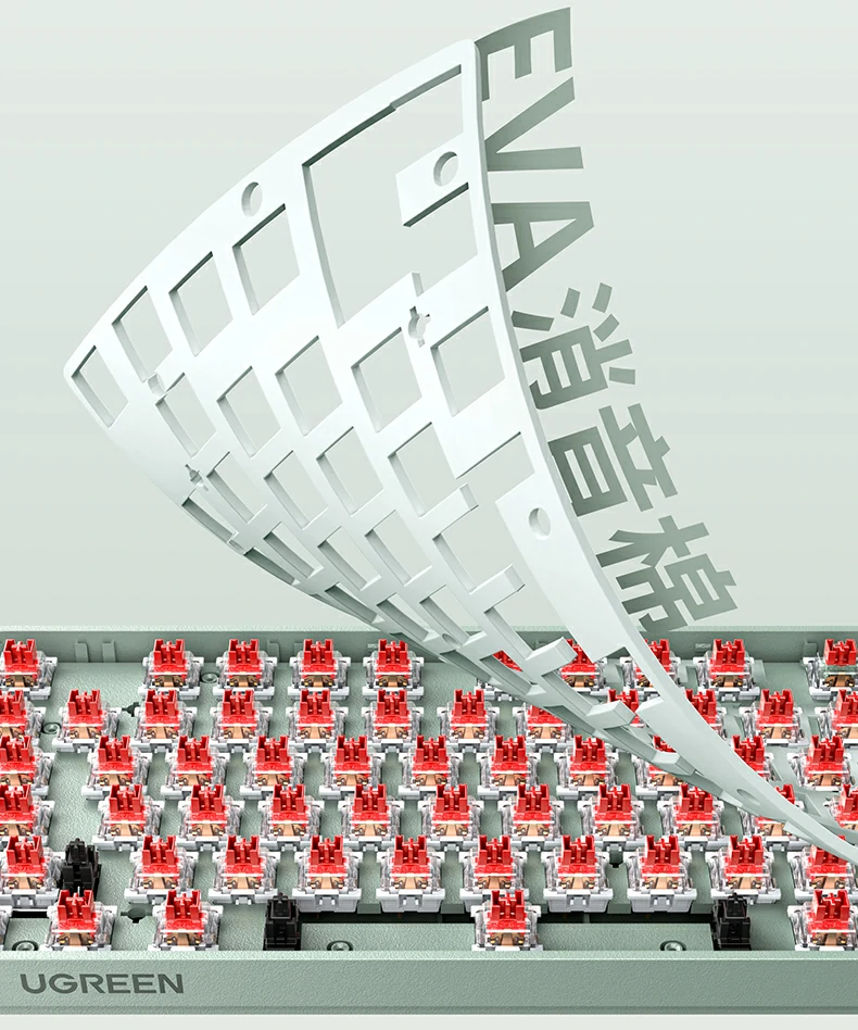 绿联KU103键盘底部结构图，展示三向理线槽与防滑脚垫