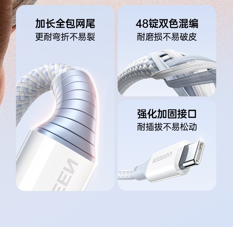 UGREEN绿联-品质新体验,数码选绿联 L527Type-C双接口充电线轻巧便携设计展示