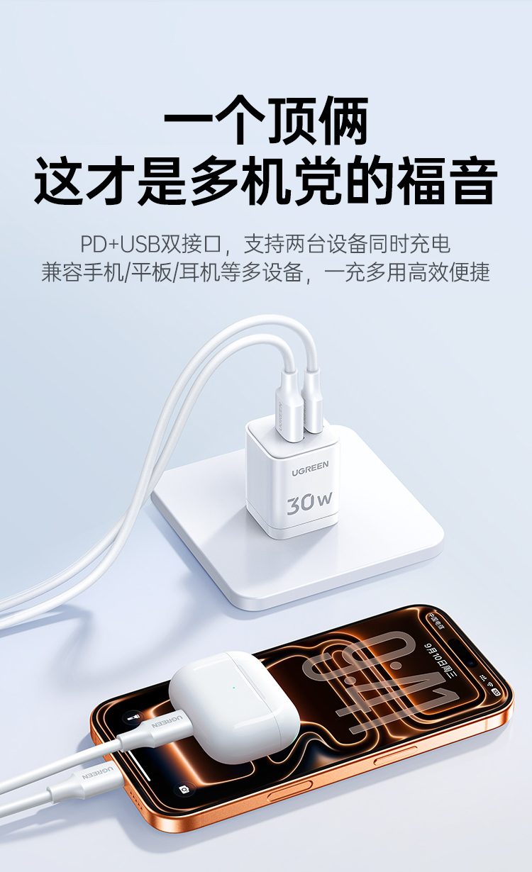 UGREEN绿联-品质新体验,数码选绿联 绿联X236快充头支持苹果iPhone快速充电