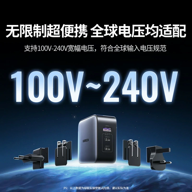 绿联65W氮化镓旅行充 多国转接头三口快充套装