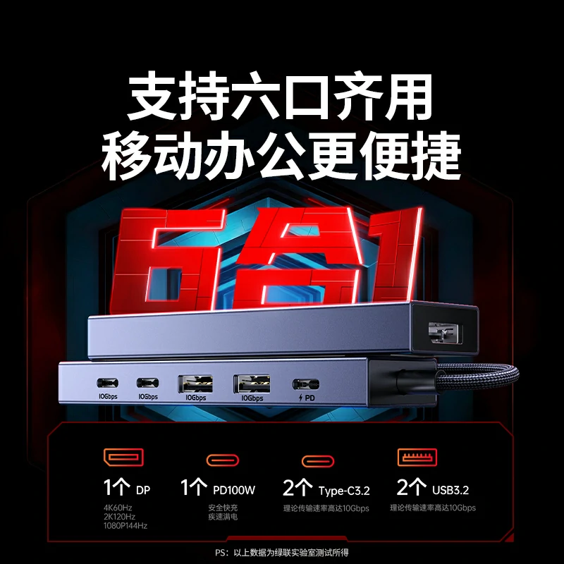 绿联Type-C转DP六合一拓展坞 鳍纹款