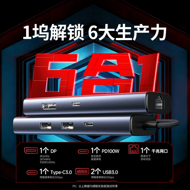 綠聯(lián)Type-C六合一擴(kuò)展塢 4K60Hz千兆網(wǎng)口
