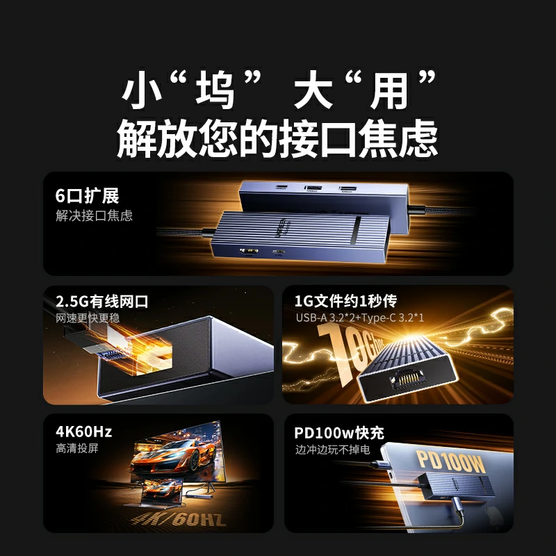 綠聯(lián)Type-C六合一多功能擴(kuò)展塢 鰭紋款