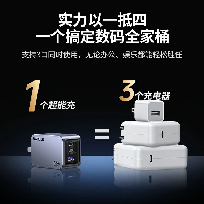 綠聯(lián) Nexode 閃充湃Pro 65W三口氮化鎵充電器套裝
