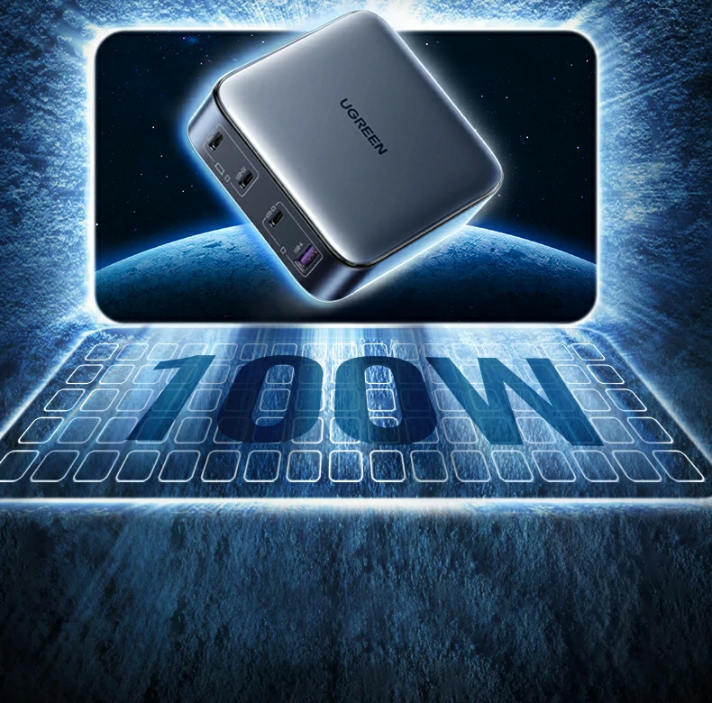 绿联100W充电器 四口功率智能分配展示 绿联100W氮化镓充电器 四口功率智能分配示意图