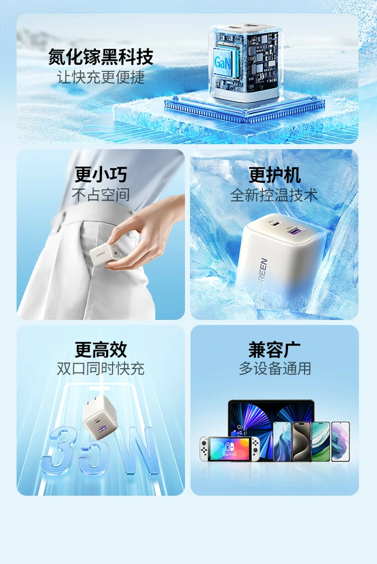 绿联35W双口GaN接口配置,C+A双口兼容快充功能 绿联35W双口GaN充电器接口特写,支持USB-C与USB-A双口快充