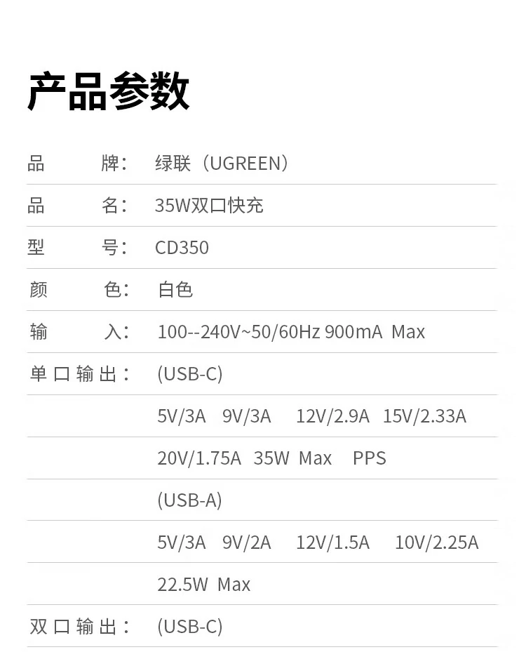 绿联PD3.0协议展示,高速快充认证支持 绿联PD3.0 35W快充协议标识展示