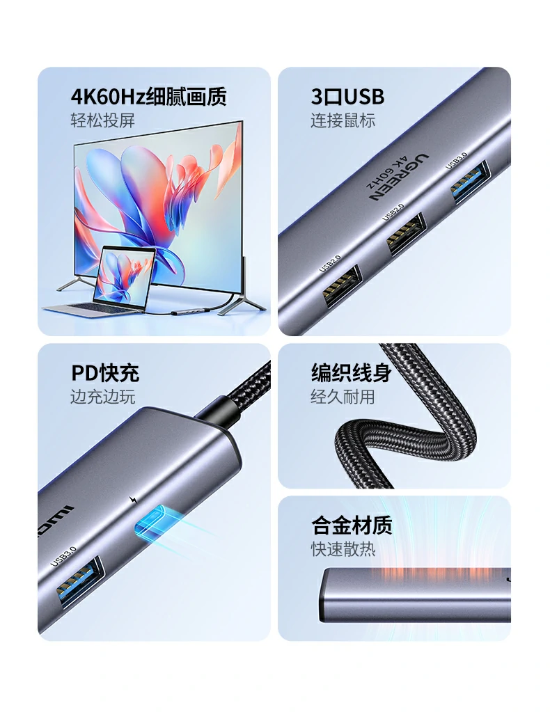 100W PD快充 - 快速为笔记本等设备供电 绿联CM478-35178 PD接口支持100W快充功能展示