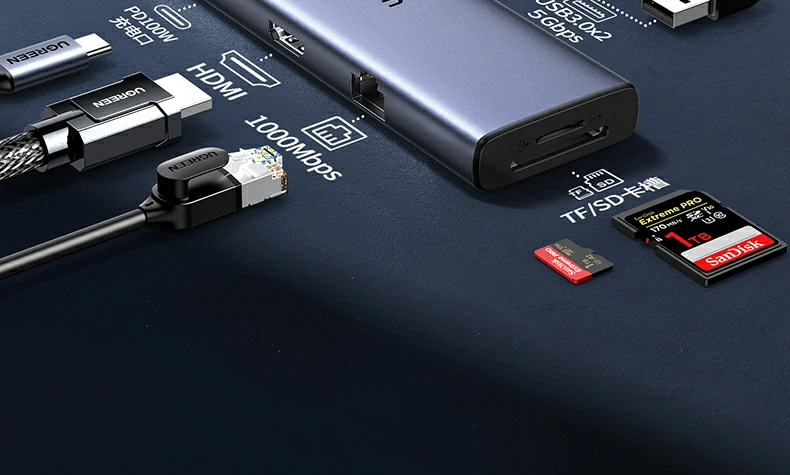 CM498-15375千兆有线网络稳定连接 绿联CM498-15375九合一扩展坞千兆网口展示