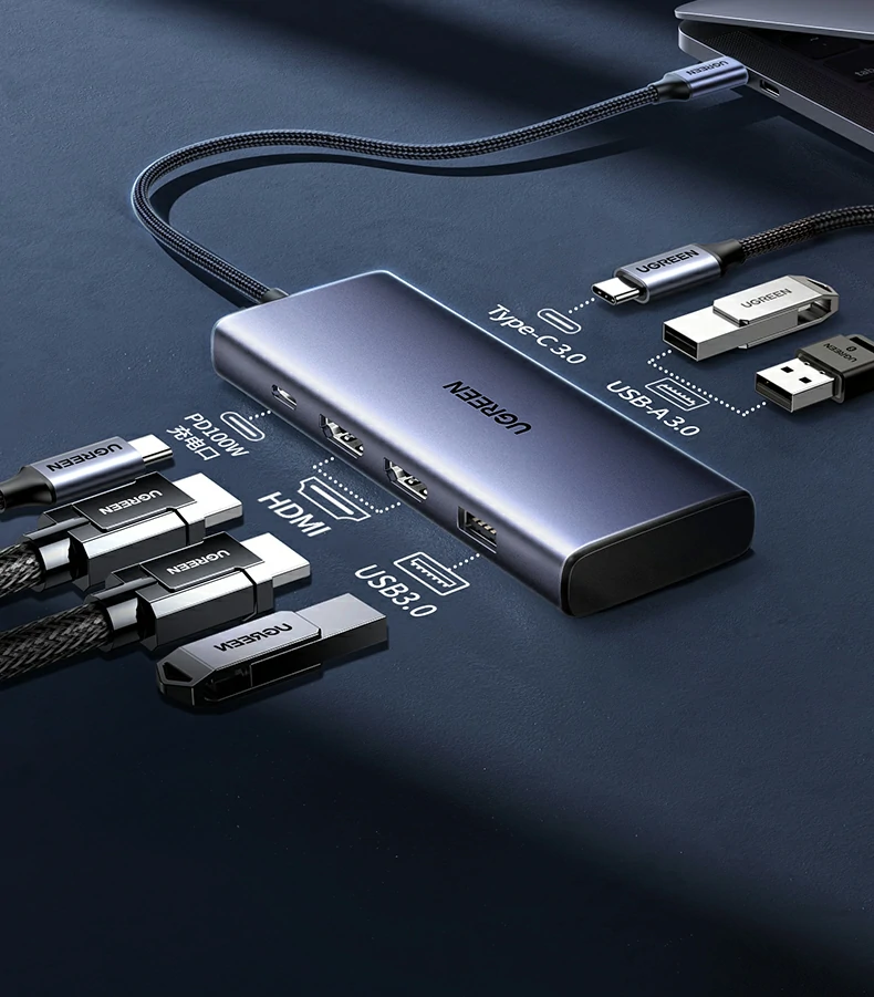 四口USB3.0同读 - 满足多种扩展需求 绿联CM639四口USB3.0接口布局示意图