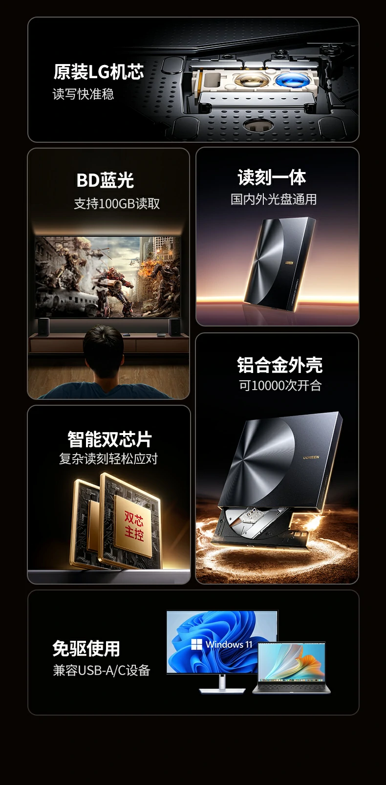 支持120mm BD蓝光光盘 - 4K高清电影流畅播放 绿联CM780插入标准120mm蓝光BD光盘演示