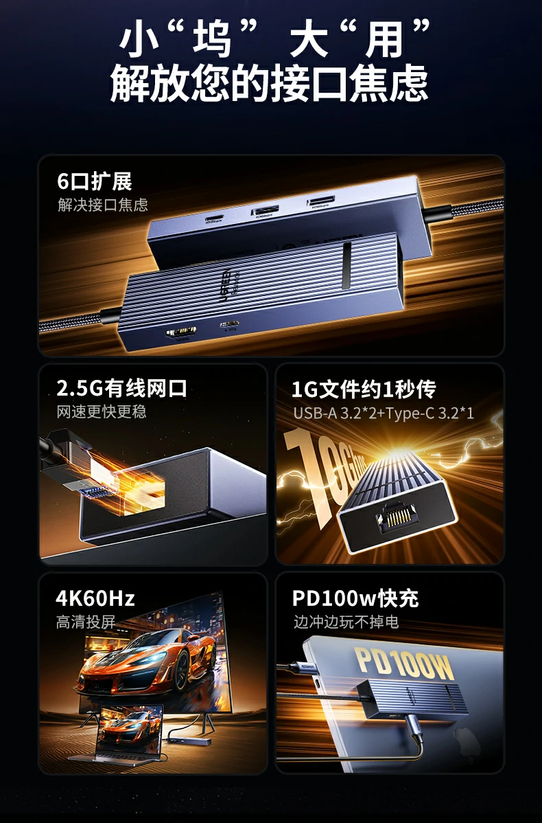 绿联2.5G高速网口六合一扩展坞细节展示 绿联2.5G网口六合一扩展坞产品细节